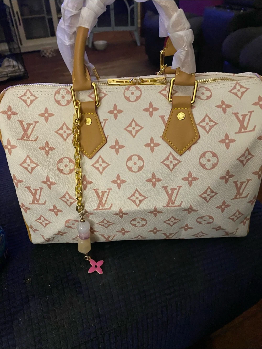 Not Authentic Louis Vuitton White and Pink Monogram Satchel with Gold Hardware